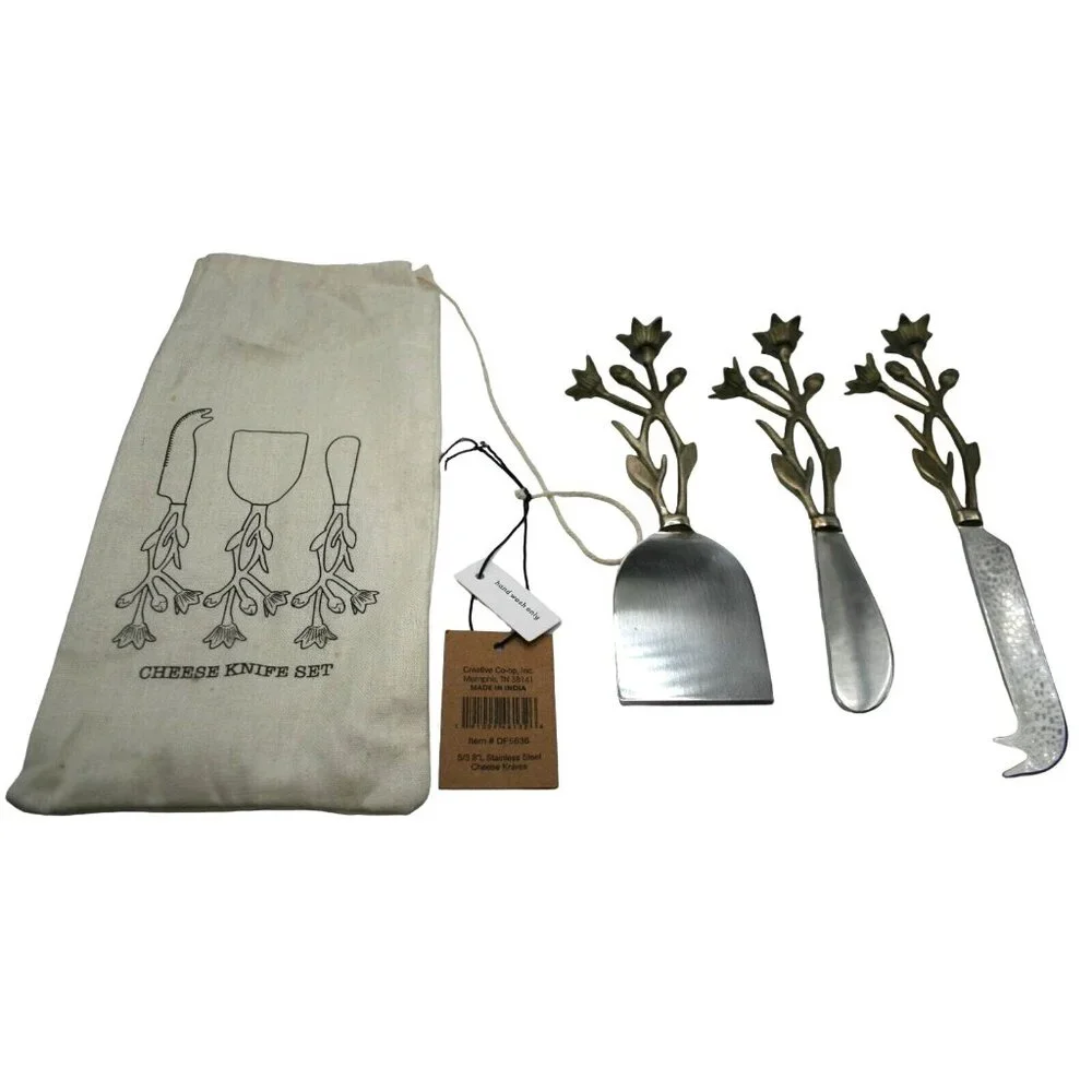 Charcuterie Cheese Knives  Brass Floral Handles Set of 3 NWT Rustic Farmhouse‎
